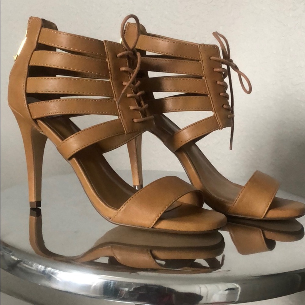 Report Zesta Heels..camel color with lace up ankle